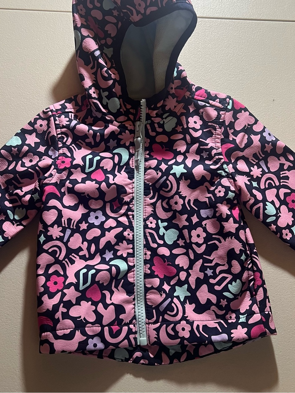 Cat & Jack Navy Hooded Raincoat with Pink and Mint Playful Print